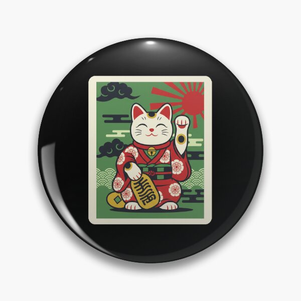 Item preview, Maneki Neko Lucky Cat Illustration Red Kimono Green Background designed and sold by JordynLadukeg65.