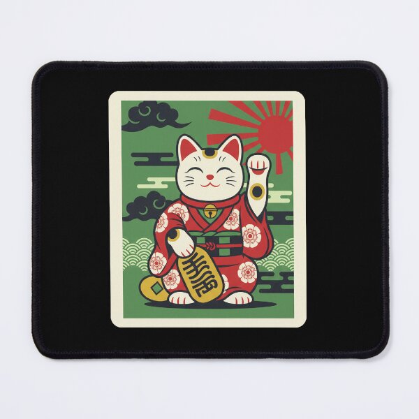 Item preview, Maneki Neko Lucky Cat Illustration Red Kimono Green Background designed and sold by JordynLadukeg65.