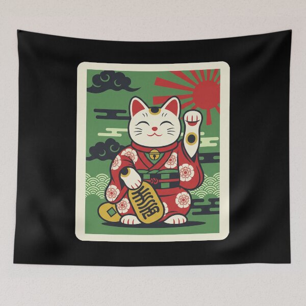 Item preview, Maneki Neko Lucky Cat Illustration Red Kimono Green Background designed and sold by JordynLadukeg65.