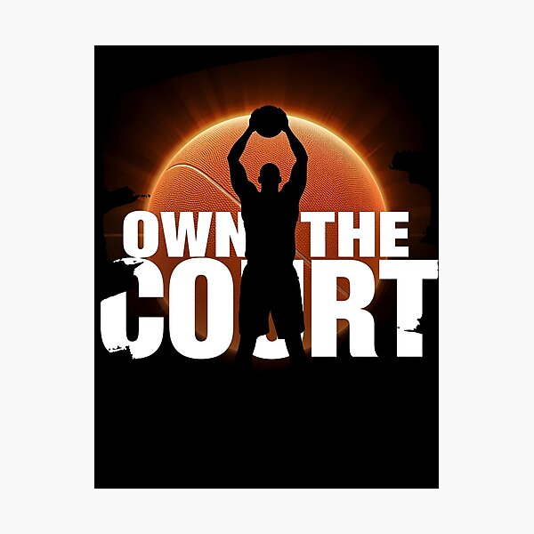 Item preview, Basketball Player silhouette standing tall with glowing hoop behind white text-Own The Court 5 designed and sold by Neon G.