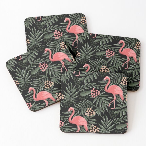 Item preview, Midnight Flamingos Tropical Leaves on a dark background designed and sold by SaltyCoveStudio.