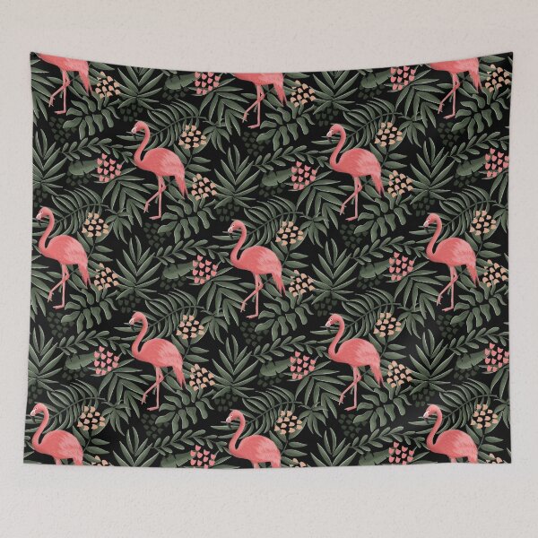 Item preview, Midnight Flamingos Tropical Leaves on a dark background designed and sold by SaltyCoveStudio.