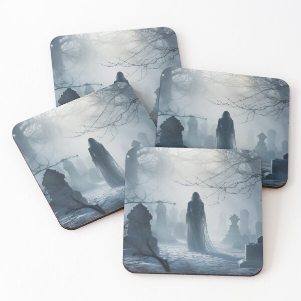 Item preview, A Winter Haunting - Female ghost in the snowy cemetery designed and sold by GildedPagesCo.