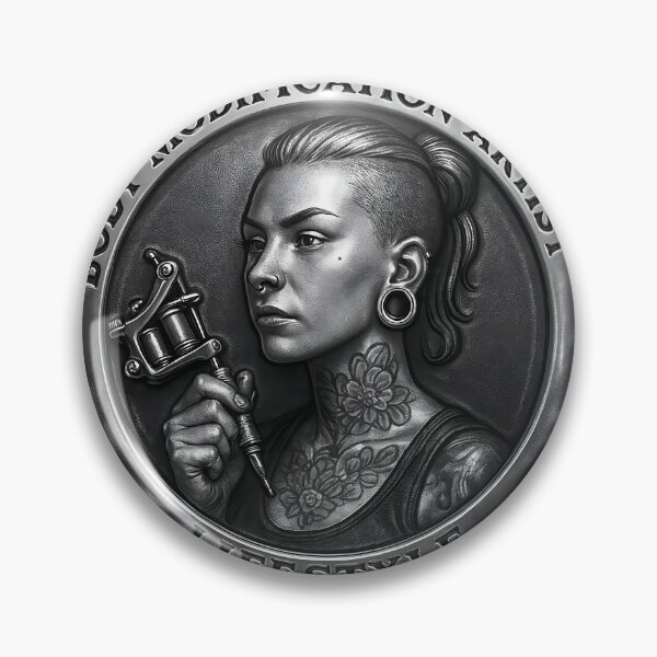 Item preview, Tattoo artist with tattoo machine and floral neck tattoos in a body modification lifestyle emblem designed and sold by Creative88Art.