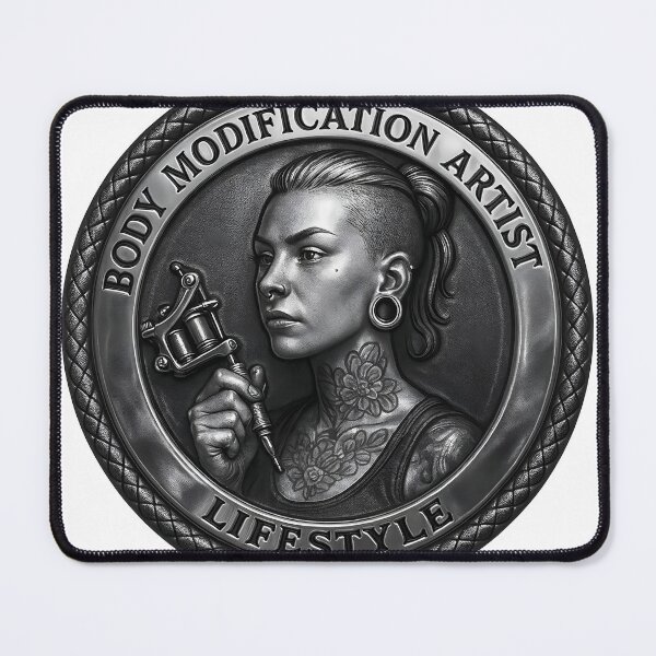 Item preview, Tattoo artist with tattoo machine and floral neck tattoos in a body modification lifestyle emblem designed and sold by Creative88Art.