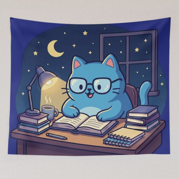 Item preview, Midnight Scholar Cat Art - Blue Kitty Reading at Night designed and sold by HappySproutArt.