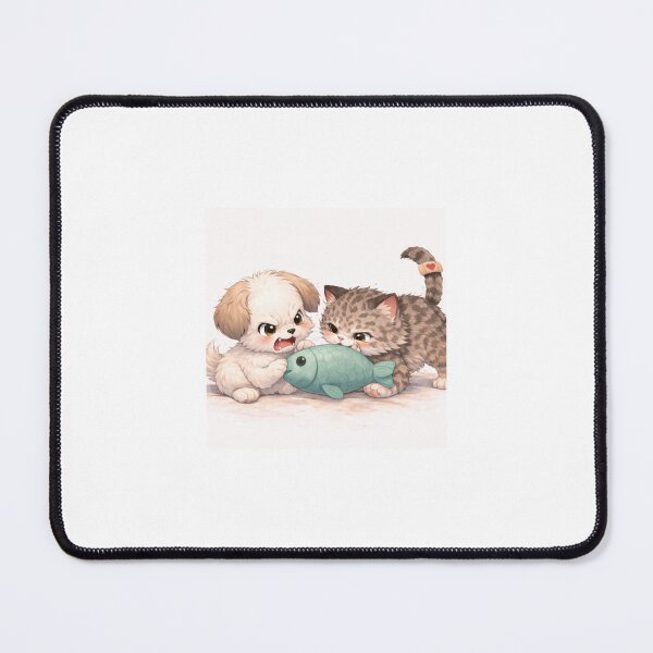 Item preview, Cute Puppy and Kitten Fighting Over a Toy Fish designed and sold by LovelyCatGalaxy.