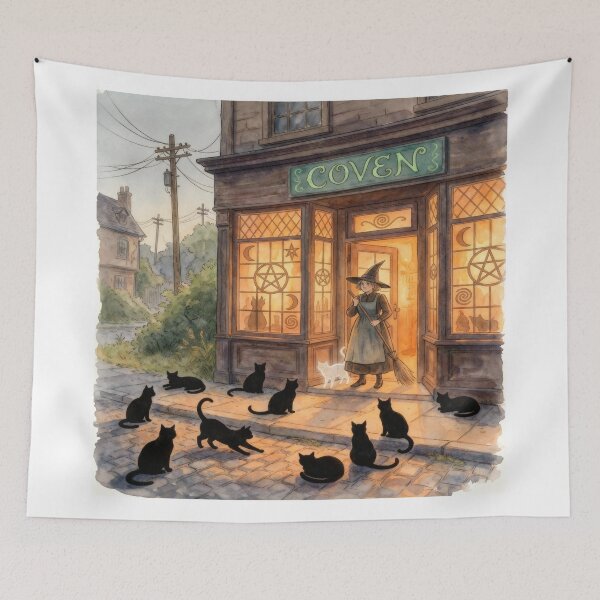 Item preview, Cozy Witch Coven Shop with Cats Fantasy Art Print designed and sold by AbstractAuraArt.