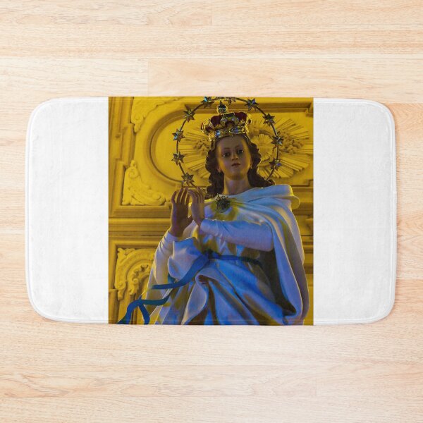 Item preview, Statue Of Mary With Crown And Halo, Golden Night Lighting, Religious Icon In Church Interior designed and sold by Nmallia.