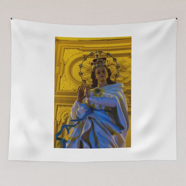 Item preview, Statue Of Mary With Crown And Halo, Golden Night Lighting, Religious Icon In Church Interior designed and sold by Nmallia.