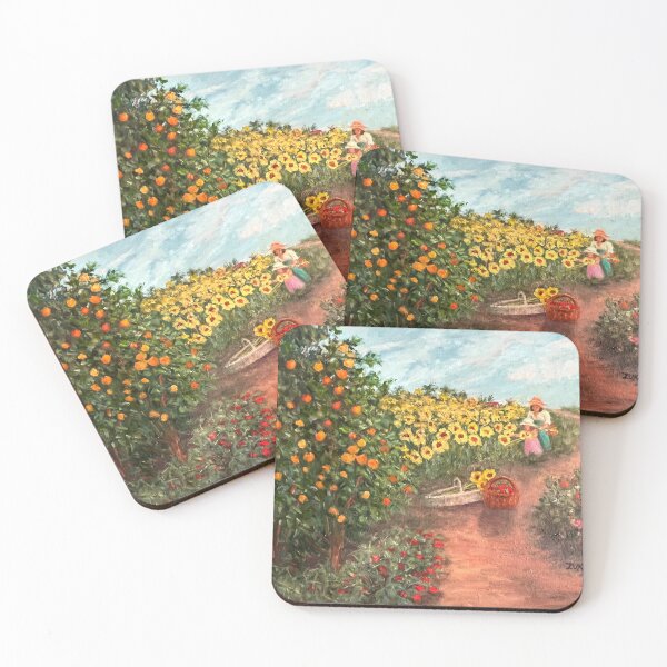 Item preview, Autumn Harvest. Woman and girl picking flowers and fruit. Colorful fall scene. designed and sold by KarenZuk.