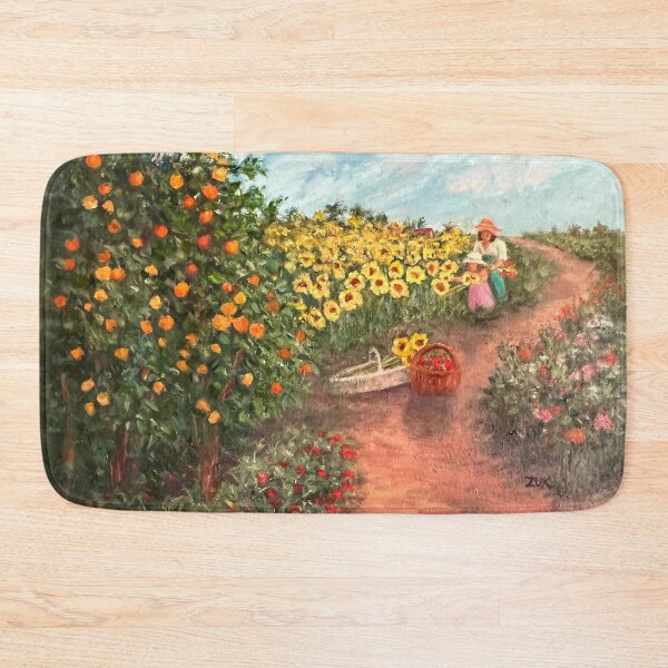 Item preview, Autumn Harvest. Woman and girl picking flowers and fruit. Colorful fall scene. designed and sold by KarenZuk.