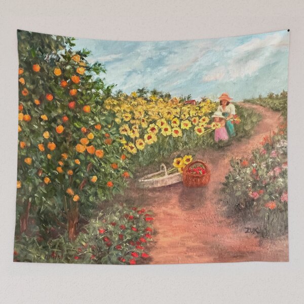 Item preview, Autumn Harvest. Woman and girl picking flowers and fruit. Colorful fall scene. designed and sold by KarenZuk.