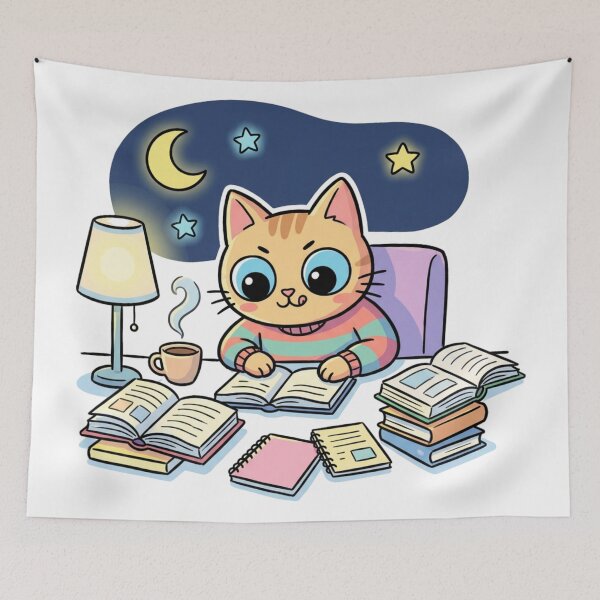 Item preview, Intense Midnight Scholar Cat Art - Wide-Eyed Ginger Kitty Study - Whimsical Final Exam Motivation Decor designed and sold by HappySproutArt.