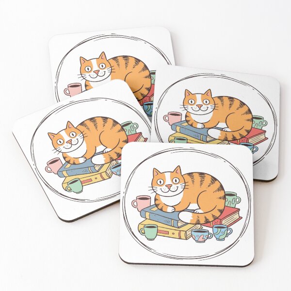 Item preview, Whimsical Reading Cat Circle Art - Orange Tabby on Book Stack - Cute Librarian Kitty & Coffee Emblem designed and sold by HappySproutArt.