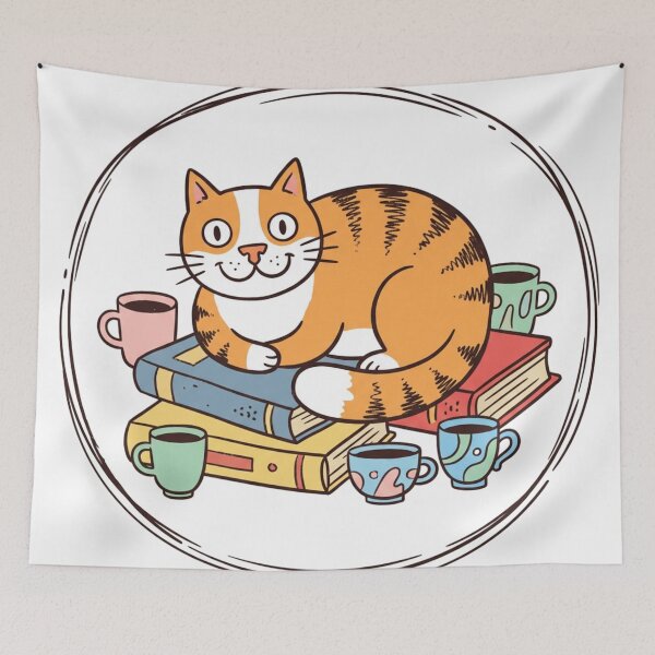 Item preview, Whimsical Reading Cat Circle Art - Orange Tabby on Book Stack - Cute Librarian Kitty & Coffee Emblem designed and sold by HappySproutArt.