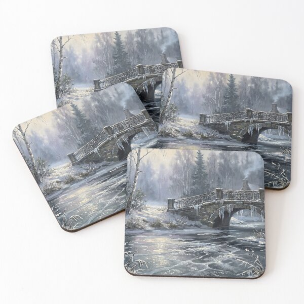 Item preview, Moody Old Money Frozen Lake Winter Landscape - Misty Forest & Victorian Stone Bridge Dark Academia Oil Painting Art designed and sold by DesignAnother.