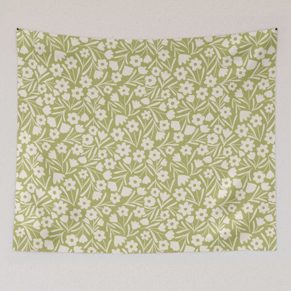 Item preview, Boho Ditsy Floral - Minimalist Cream Flowers on retro avocado green designed and sold by Illustrated by Nat.
