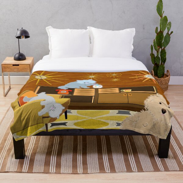 Artikelvorschau, Verspielte Katze mit Pflanze – Skurrile Retro-Illustration im Stil der Mid-Century-Moderne entworfen und verkauft von MidModMagic.
