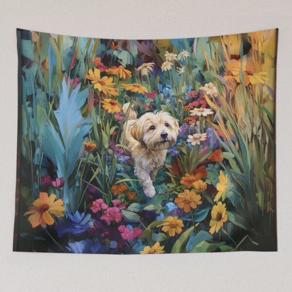 Item preview, A Havanese playing in a vibrant flower garden, Dogs in Motion designed and sold by CDC40.