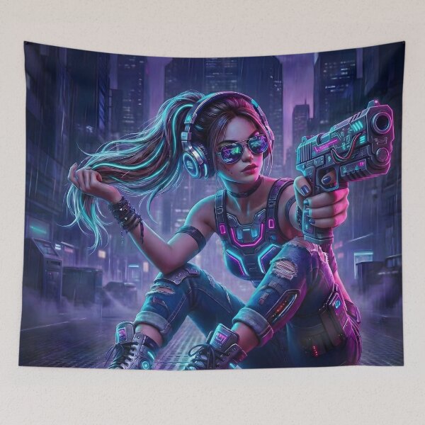 Item preview, Cyberpunk Mercenary Girl Anime Style Neon City Rain Aesthetic designed and sold by MarCinu Art.