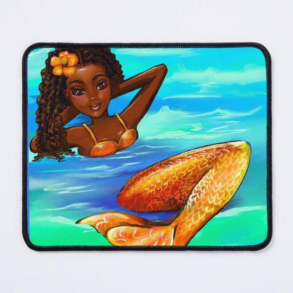 Item preview, Mermaid with hibiscus flower in Afro Hair, Relaxing Brown Skin Mermaid, Island Queen designed and sold by Artonmytee.