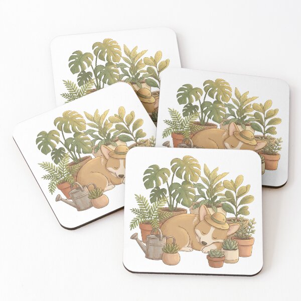 Item preview, Ilustración de un Corgi soñoliento jardinero entre plantas de interior designed and sold by ArtVibesX.