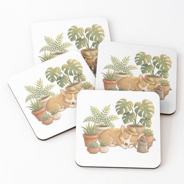 Item preview, Ilustración de un Corgi soñoliento jardinero entre plantas de interior designed and sold by ArtVibesX.