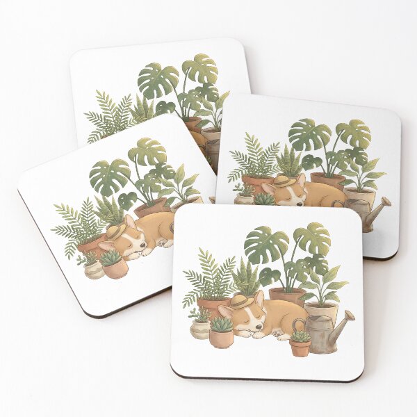 Item preview, Ilustración de un Corgi soñoliento jardinero entre plantas de interior designed and sold by ArtVibesX.