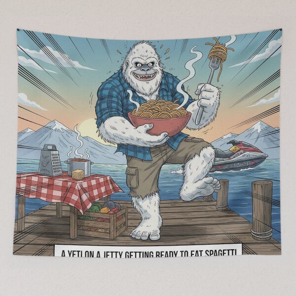 Item preview, Yeti on a Jetty Eating Spaghetti Humorous Comic Art. designed and sold by AnimalAirtistry.
