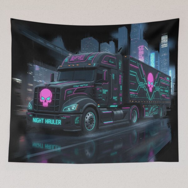 Item preview, Cyberpunk Night Hauler Neon Truck Art ή Futuristic Synthwave Semi-Truck Illustration. designed and sold by BounoWorld.
