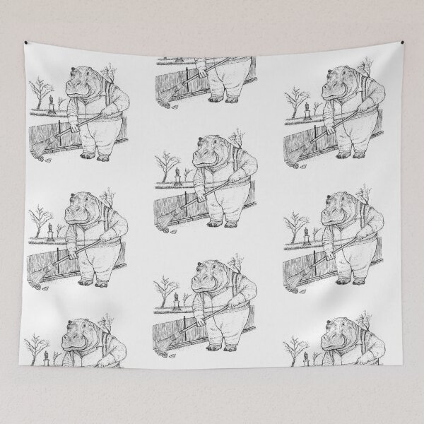 Item preview, The Gentle Groundskeeper: Detailed Ink Hippo Illustration designed and sold by wbhny.