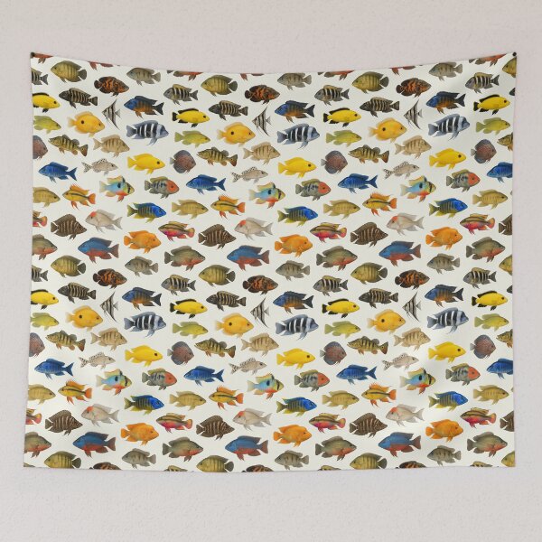 Aperçu de l'œuvre Tableau d'identification rétro coloré des poissons cichlidés créée et vendue par kakarikihill.