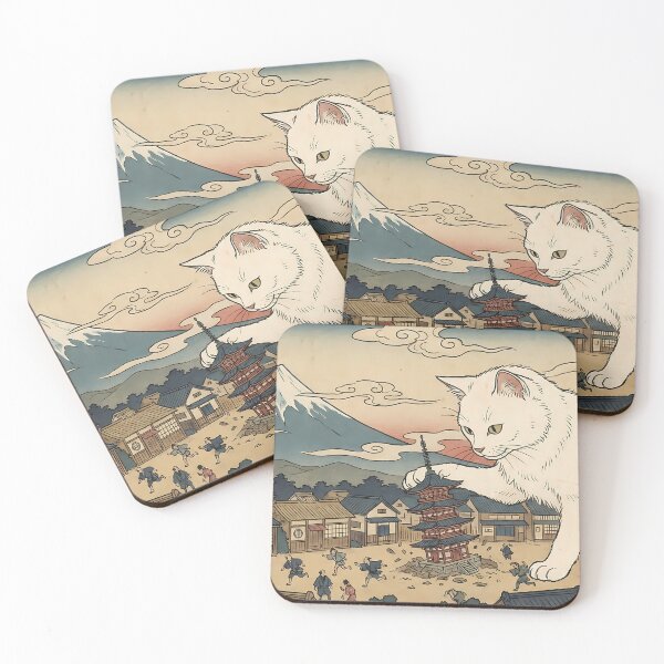 Item preview, The Attack of the Giant White Cat - Japanese Ukiyo-e Kaiju Art designed and sold by macar0n15.