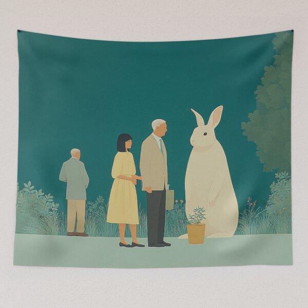 Item preview, Easter Surreal Garden Encounter with Giant White Rabbit – Dreamy Whimsical Illustration designed and sold by dawnleblanc55.