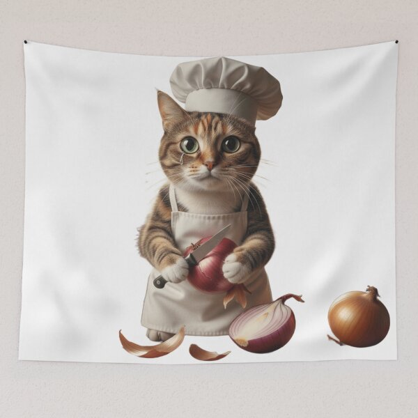 Item preview, Crying Cat Chef Peeling Onions - Sad But Cute Kitchen Humor Art designed and sold by Fatomfatom.