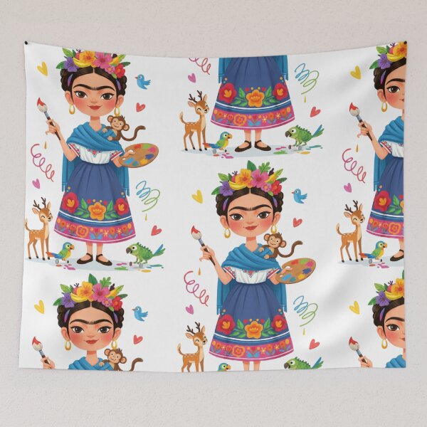 Item preview, Frida Kahlo’s Cartoon smile with rose, monkey, deer and parot illustration  designed and sold by Arte Cartoon From TagTeam Group.
