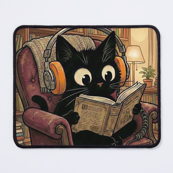 Item preview, Chill Black Cat Reading with Headphones On - Cozy Library Vibe designed and sold by Fluidic-Space.