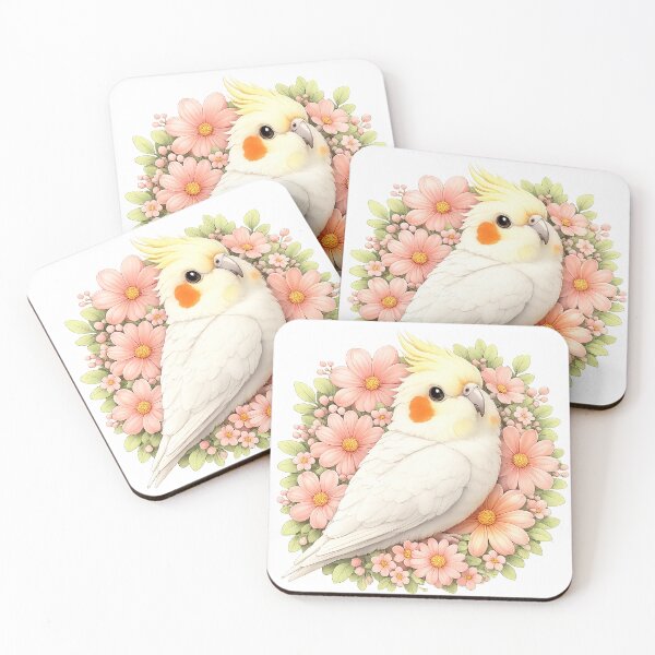 Item preview, Cute albino white cockatiel with pink daisy flowers designed and sold by lifewithbirds.