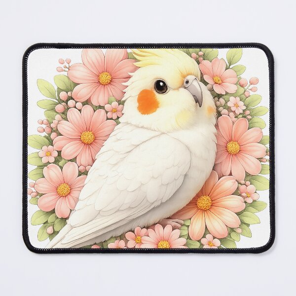 Item preview, Cute albino white cockatiel with pink daisy flowers designed and sold by lifewithbirds.