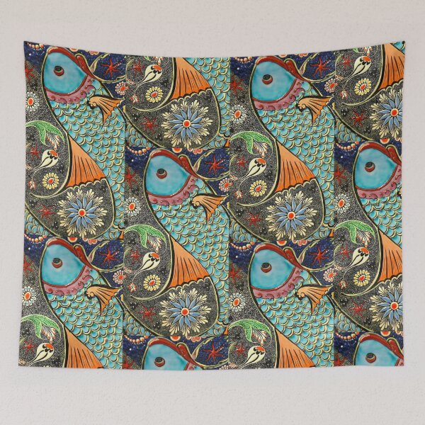 Item preview, Ornate Blue Fish in Floral Folk Art Style designed and sold by Cutesthetik.
