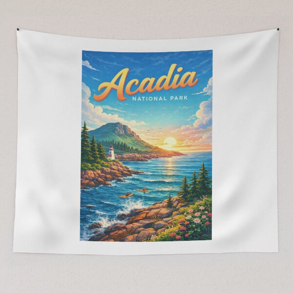 Item preview, Sunrise at Acadia National Park Coastline with Lighthouse and Kayakers designed and sold by Aryabek.