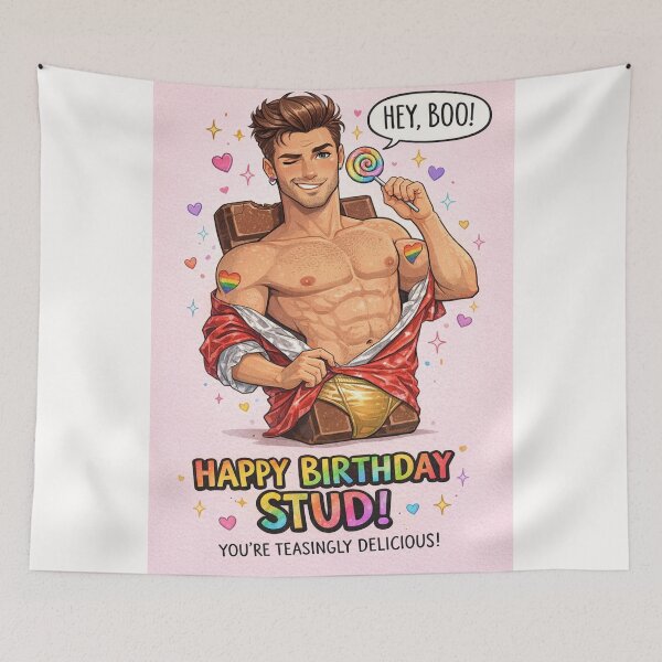 Item preview, Sexy Gay Birthday Humor with Chocolate and Rainbow Pride designed and sold by Places On Earth.