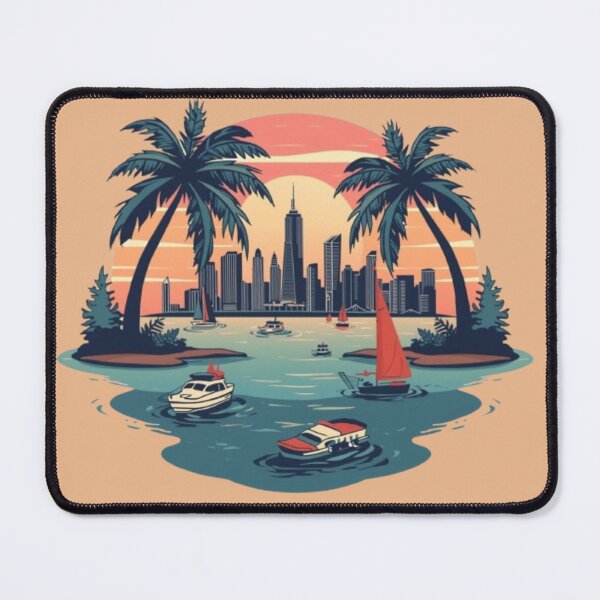Item preview, Tropical Vacation City Sunset with Palm Trees & Boats designed and sold by KomalArtStudio.