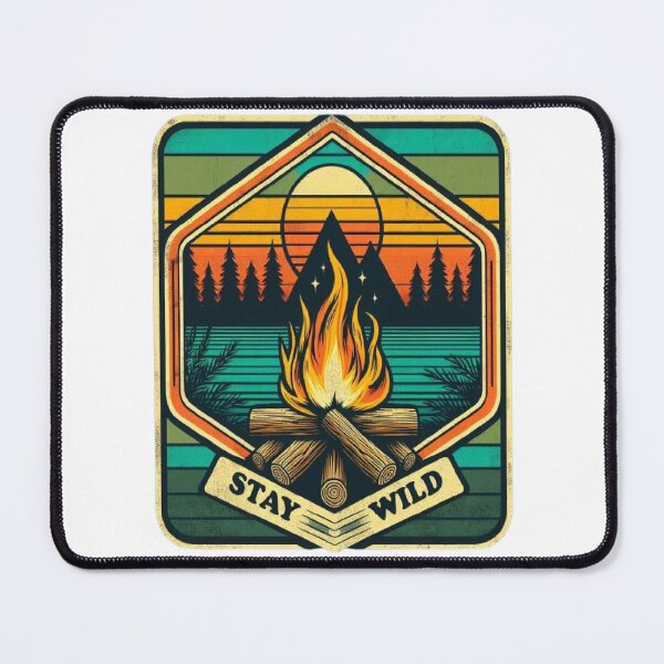 Item preview, Stay Wild - Retro Camping Campfire & Mountains Badge designed and sold by RetroRascalStudio.