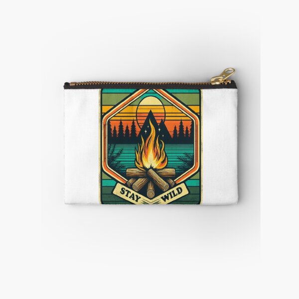 Item preview, Stay Wild - Retro Camping Campfire & Mountains Badge designed and sold by RetroRascalStudio.