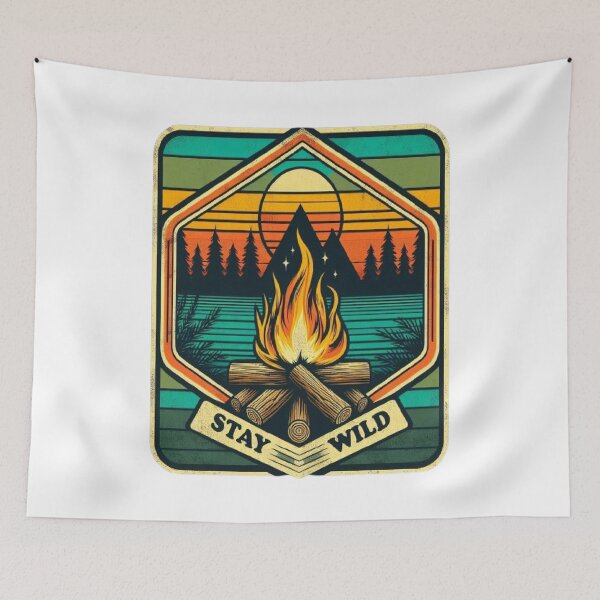 Item preview, Stay Wild - Retro Camping Campfire & Mountains Badge designed and sold by RetroRascalStudio.