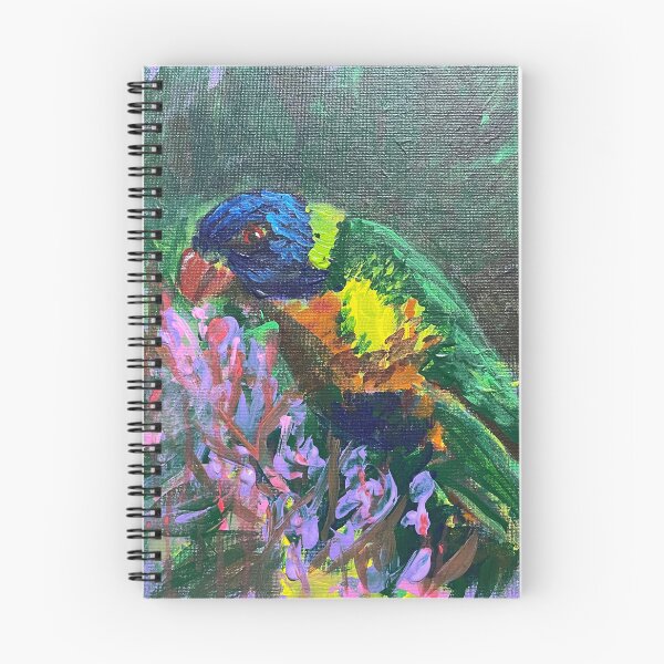 Item preview, art print painting of a rainbow lorikeet eating pink gum blossom australian fauna  and flora  designed and sold by empressbat merch.