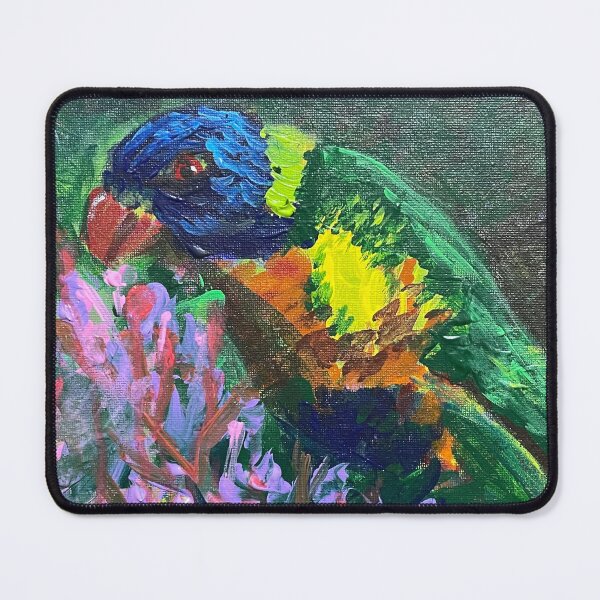 Item preview, art print painting of a rainbow lorikeet eating pink gum blossom australian fauna  and flora  designed and sold by empressbat merch.