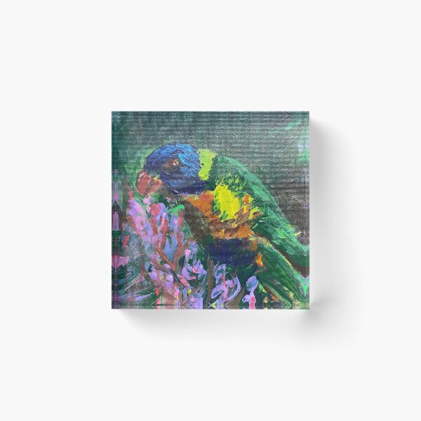 Item preview, art print painting of a rainbow lorikeet eating pink gum blossom australian fauna  and flora  designed and sold by empressbat merch.